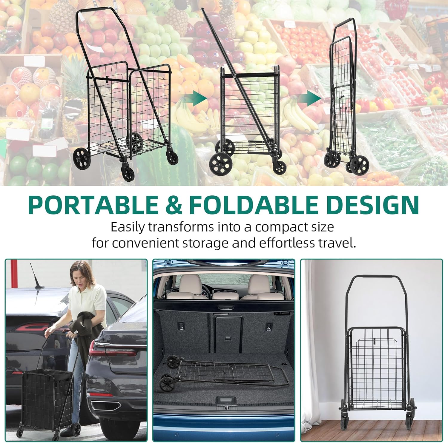 YITAMOTOR Waterproof Liner Foldable Shopping Cart with Wheels for Seniors Portable Collapsible Utility Carts for Shopping Groceries Laundry & Storage Durable