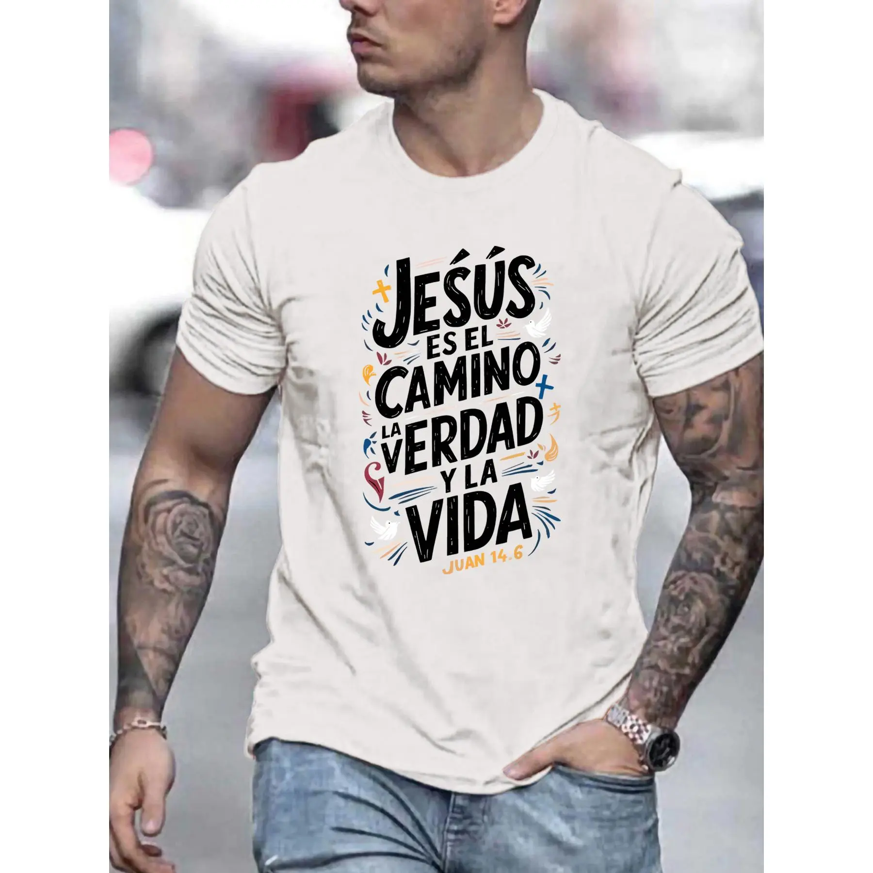 Men's Casual Summer Graphic T-Shirt - Menswear, Streetwear Top, Round Neck, Short Sleeves (Keep Arms Cool & Free), Inspirational Spanish Quote "JESUS CAMINO Y VIDA", Machine Washable, Ships from the USA