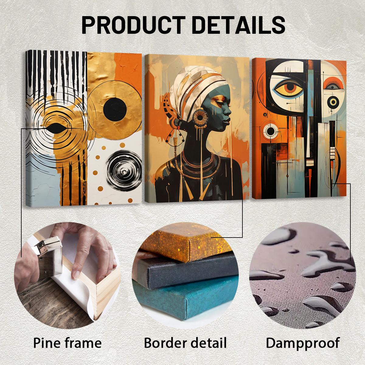 3Pcs Wooden Framed Canvas Painting, African Woman Abstract Geometric Shapes Gold Orange, Exquisite Poster, Home Decoration, Pattern Wall Art Decor, For Living Room, Bedroom, Office, Restaurant, Bar Wall Decor, Odorless, Painting, Print Artwork