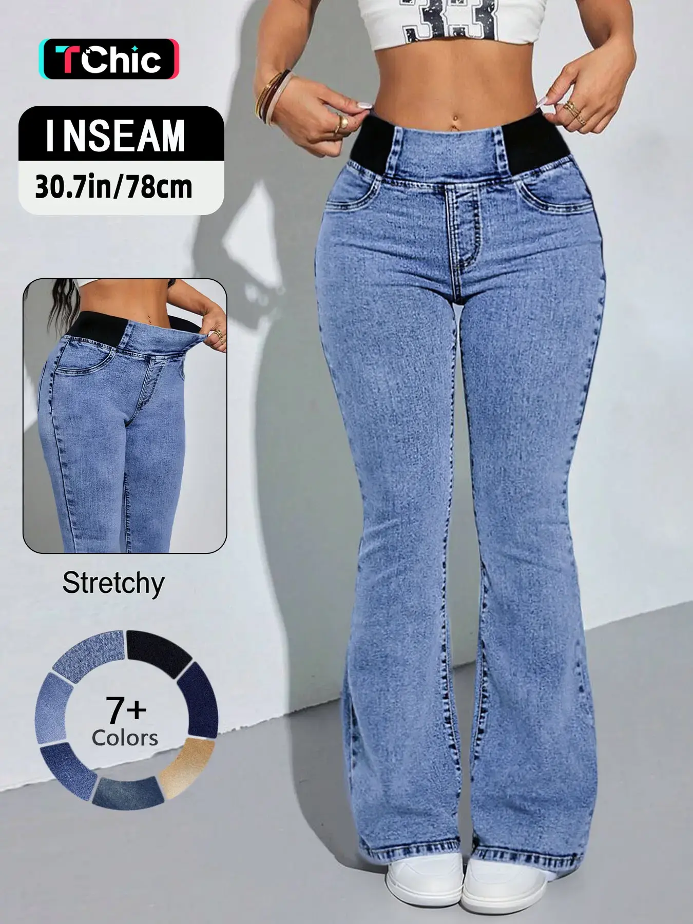 GILIPUR Y2K Women's Back Shirred Jeans,Streetwear,Mid-To-High Waist Elastic Waist Flared Jeans,With Pockets,Light Blue Washing Process,Bell-Bottoms Wide-Leg Jeans,Waist-Cinching Design,Yes Denim,Bootcut Jeans