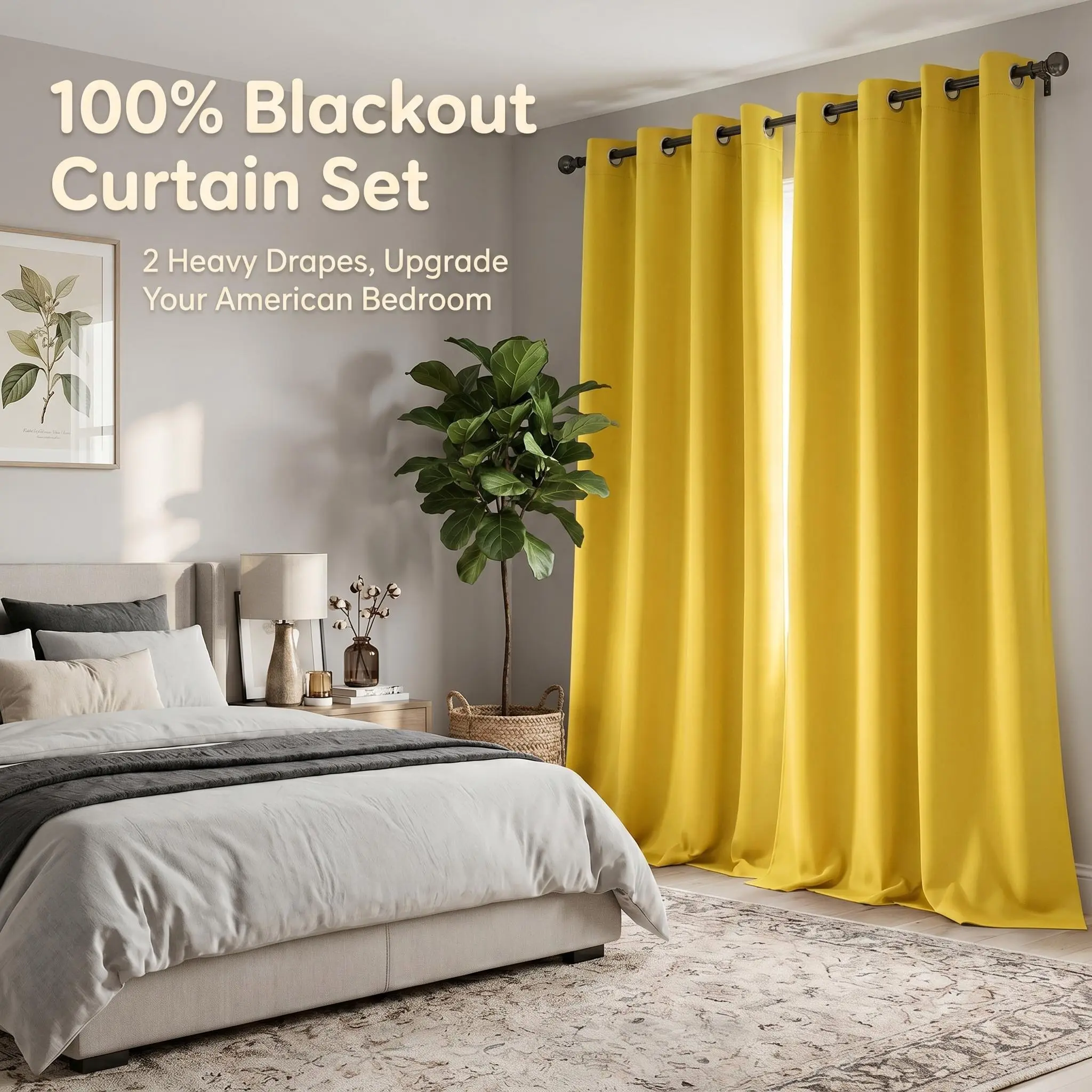 2 Panels 52"x84" Inches Grommet Blackout Curtains, Thermal Insulated Noise Reducing Window Drapes, Room Darkening Curtain Panels for Bedroom Living Room Thick Polyester Full Blackout Window Curtains, Energy Saving Heat Blocking  , Machine Washable QF222