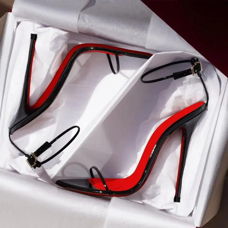 Women's 2026 New Minimalist Line Stiletto Shoe - 12cm Ultra High Thin Heels, Curved Straight Buckle Single Strap, Sexy Wrist Band, Red Bottom, Large Size, Classic European Look Elegant Formal Footwear