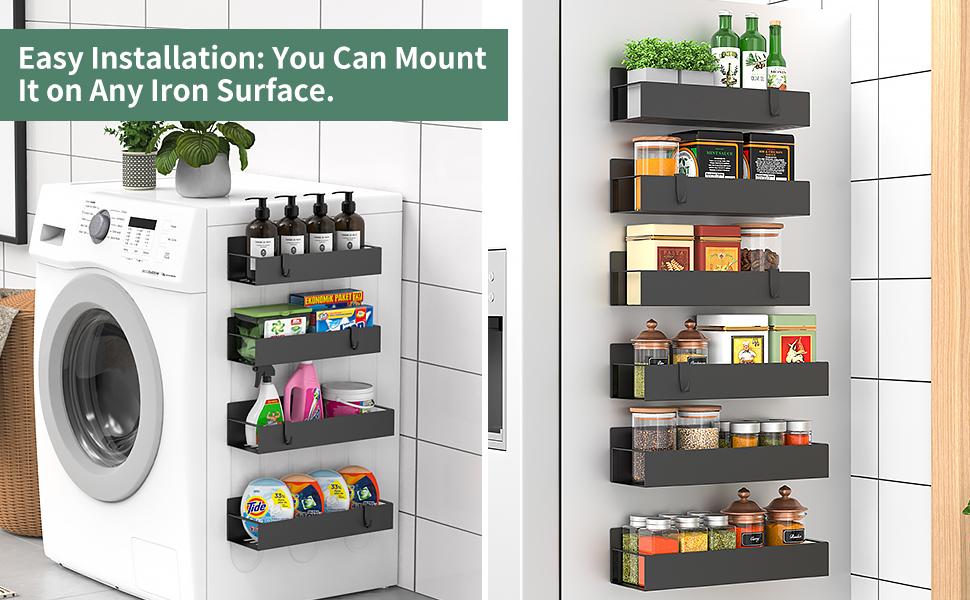 4 Pack Magnetic Spice Rack Organizer with Hooks for Refrigerator and Oven, Black Fridge Organizers and Storage for Kitchen