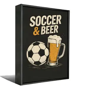 Canvas Wall Art, Distressed Soccer & Beer Lettering Canvas Print, Football and Beer Mug Vintage Frameless Wall Painting for Bar Pub Man Cave Home Decor