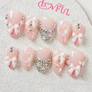 Lovful Almond Regular Length 1'' Elaborate Handmade Acrylic Press-On Nails|10PCS Reusable,Salon Quality,H30-H343 Glitter Rhinestones