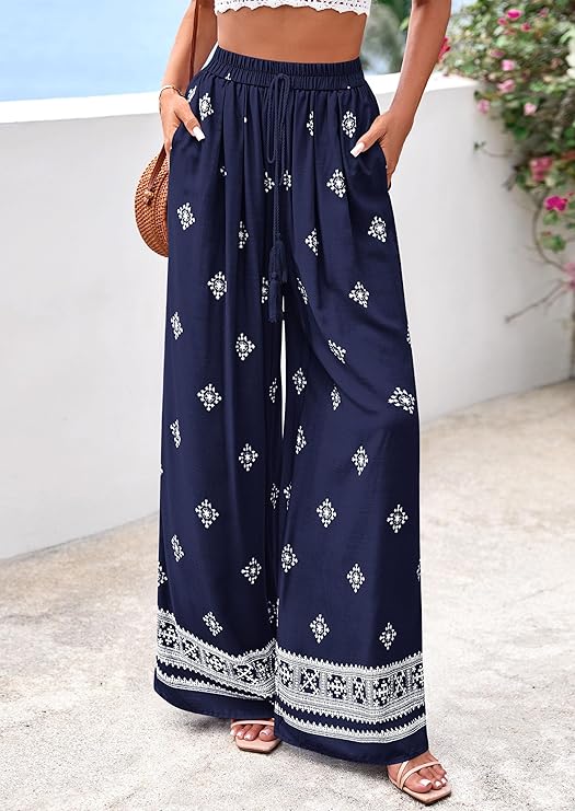 PrettyGarden Women's Wide Leg Palazzo Pants  Summer Boho Floral Trousers Spring Flowy Beach Vacation Clothes Resort Wear