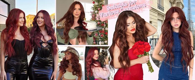Clip in Long Wavy Synthetic Hair Extension 20 Inch Red 4PCS Thick Hairpieces Fiber Double Weft Hair for Women instant volume