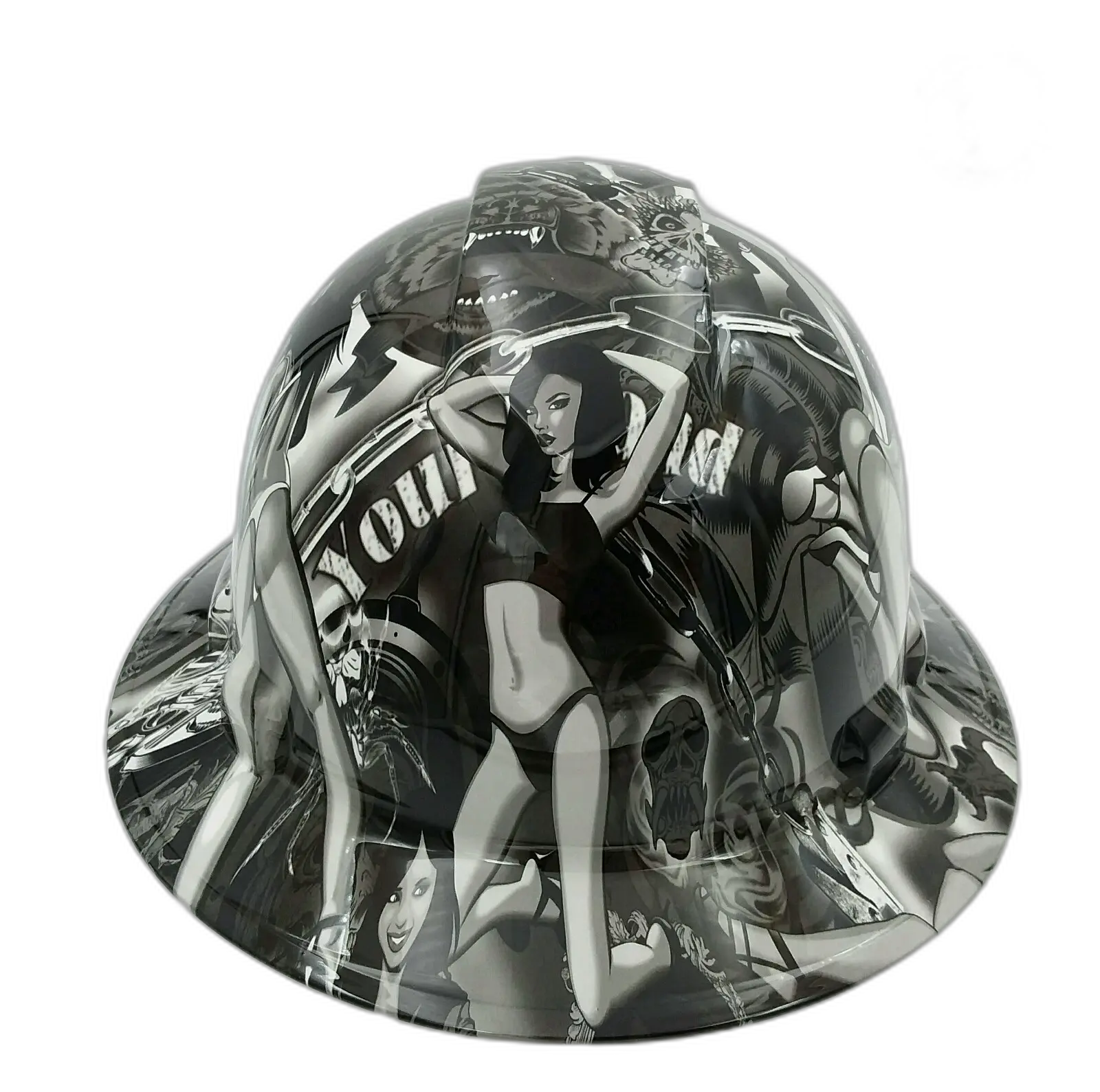 B&W Biker Pin-Up Skull Tattoo - Custom Hydro Dipped Full Brim Hard Hat