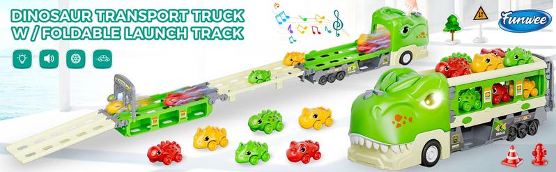 Durable Garage Multifunction Dinosaur/Princess/Unicorn Truck Toys for 2-7 Year Boys & Toddlers Foldable Track 2 Player Race Mode Light Sound Transport Carrier with 6 Dino Cars 12 Accessories Birthday Christmas Gift Idea for Kids Girls