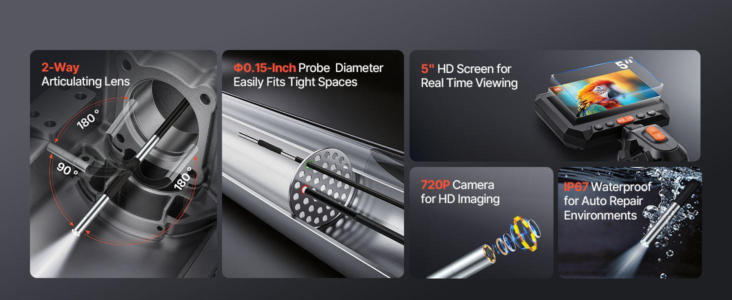 【Summerfinds】VEVOR 2-Way Articulating Endoscope, 1080P HD Lighted Waterproof Industrial Borescope with 0.15-inch Ultra-Slim Articulated Probe, 4.9FT Flexible Snake Scope for Car Automotive Engine Wall Inspection, Endoscope Borescope