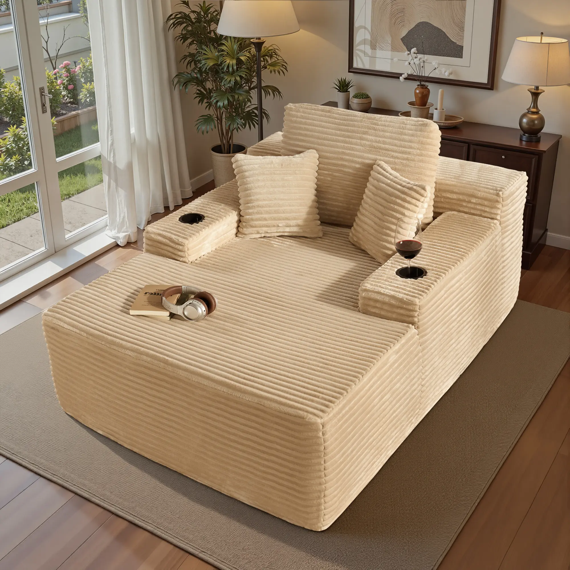 Chaise Lounge Only - Beige Plush w/ Cup Holder