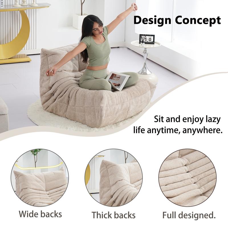 Togo Sofa Caterpillar Bean Bag Chair Chenille Fabric 1 Seater Memory Foam Lounger Upholstered Couch Free 5FT Carpet Modern Comfy Living Room Furniture