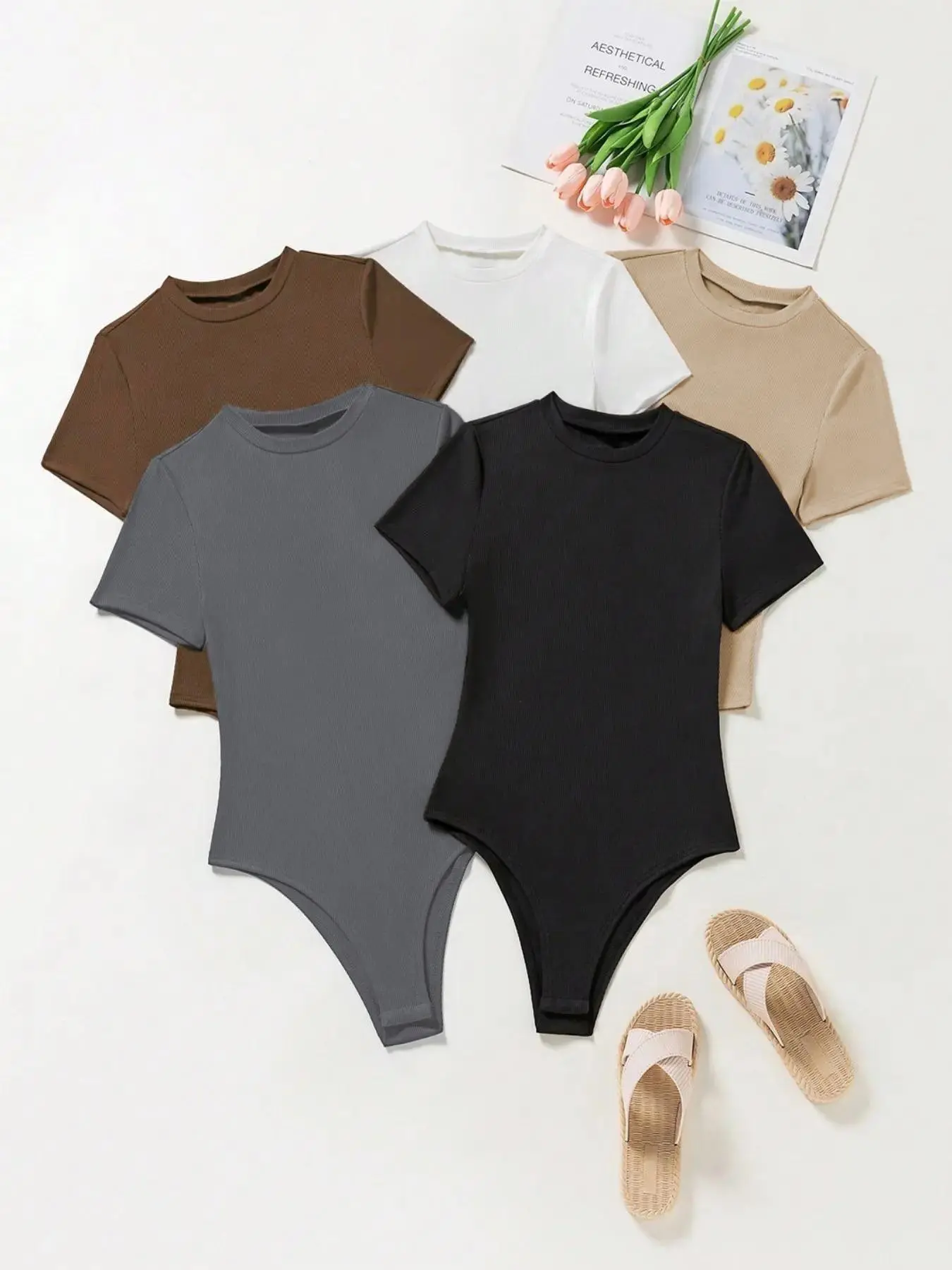 Women's Solid Round Neck Stretchy Fashion Bodysuit, Casual Basic Minimalist Slim Fit Short Sleeve Bodysuit Tops for Spring & Fall, Ladies Clothes for Everyday Wear Womenswear