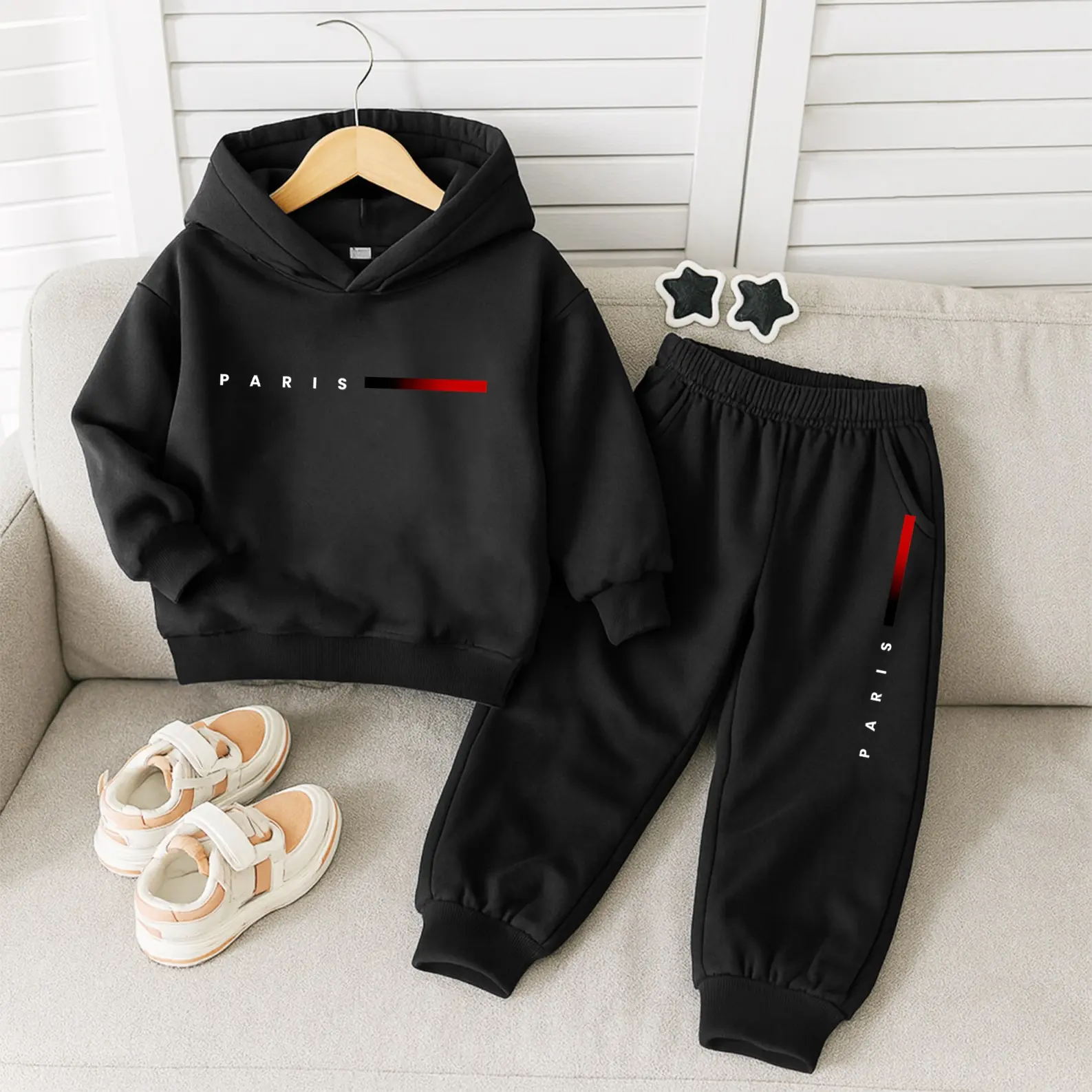 Kids' 2-Piece Sporty Chic Fitted Set - Essential Hoodie & Tapered Joggers, Unisex Matching Set, Long Sleeve Thick Fleece, Paris Graphic Print, Boys Clothing, Kids Clothing Boys