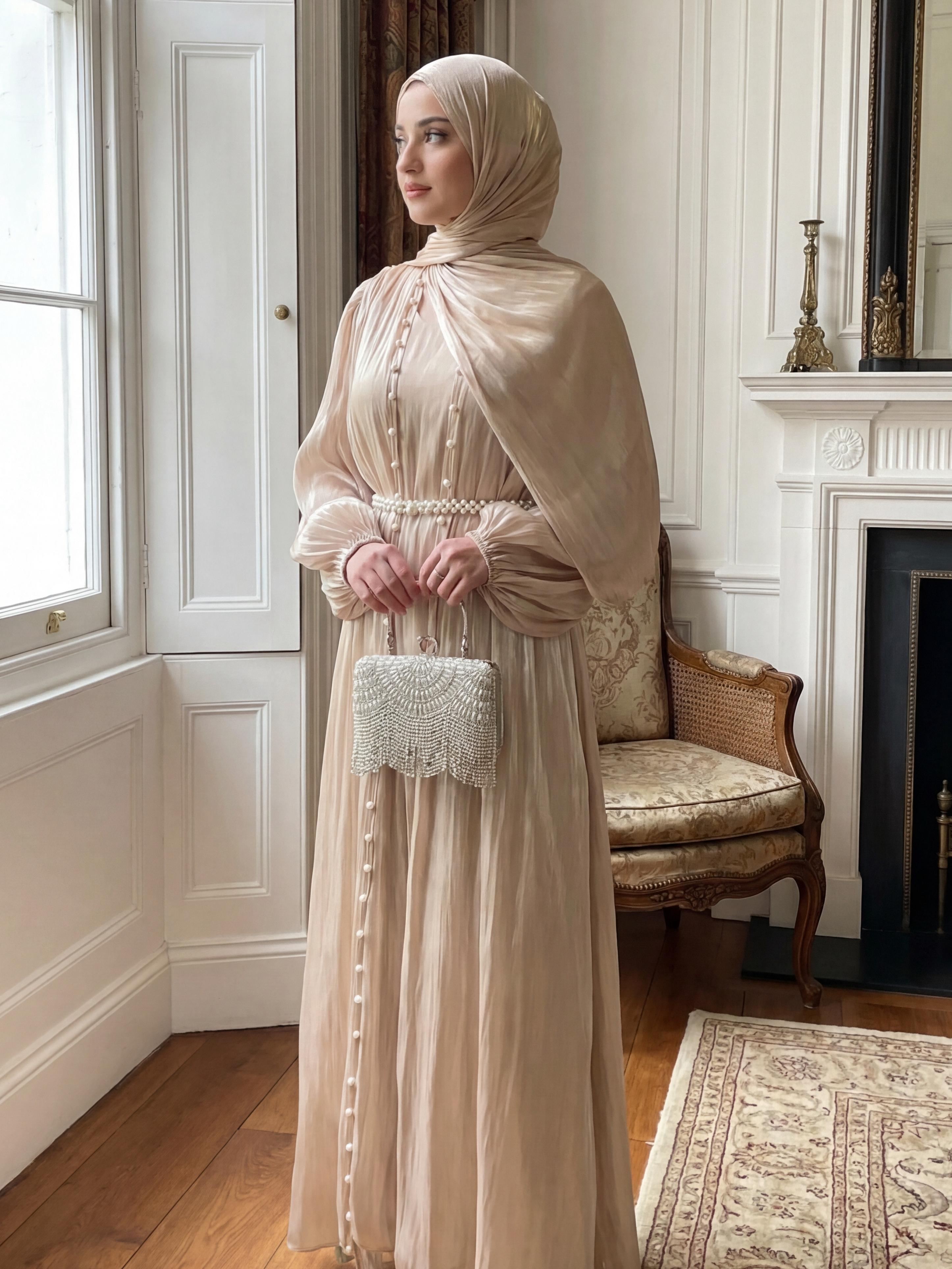CL03 Pearl silk robe, Muslim dress, cardigan suit, streamer yarn, dignified and elegant exquisite robe, five piece set,Fashionweek【Fashionweek】 Maxidresses Thobe