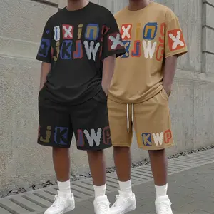 Men’s two-piece set featuring trendy graphic shorts with letter print, including a drawstring waist and pockets—summer street fashion shorts