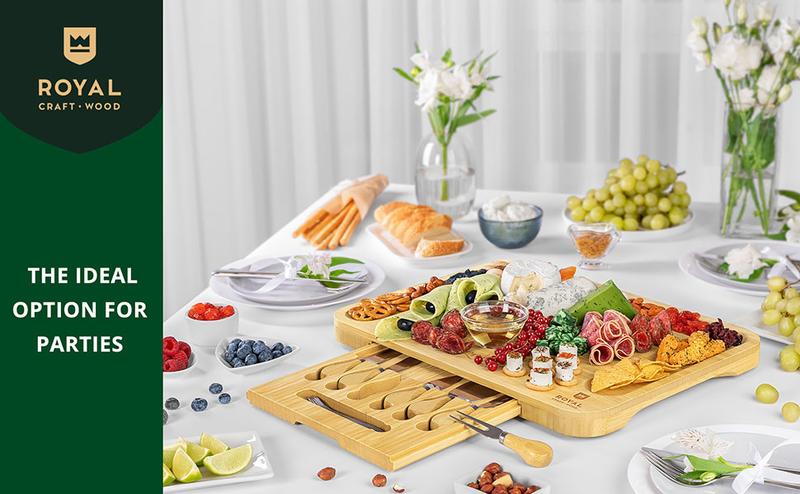 Royal Craft Wood Charcuterie Board – Bamboo Cheese Board & Wooden Serving Platter with Cutlery Set, Charcuterie Tray for Entertaining & Tableware (17.5”x13”)