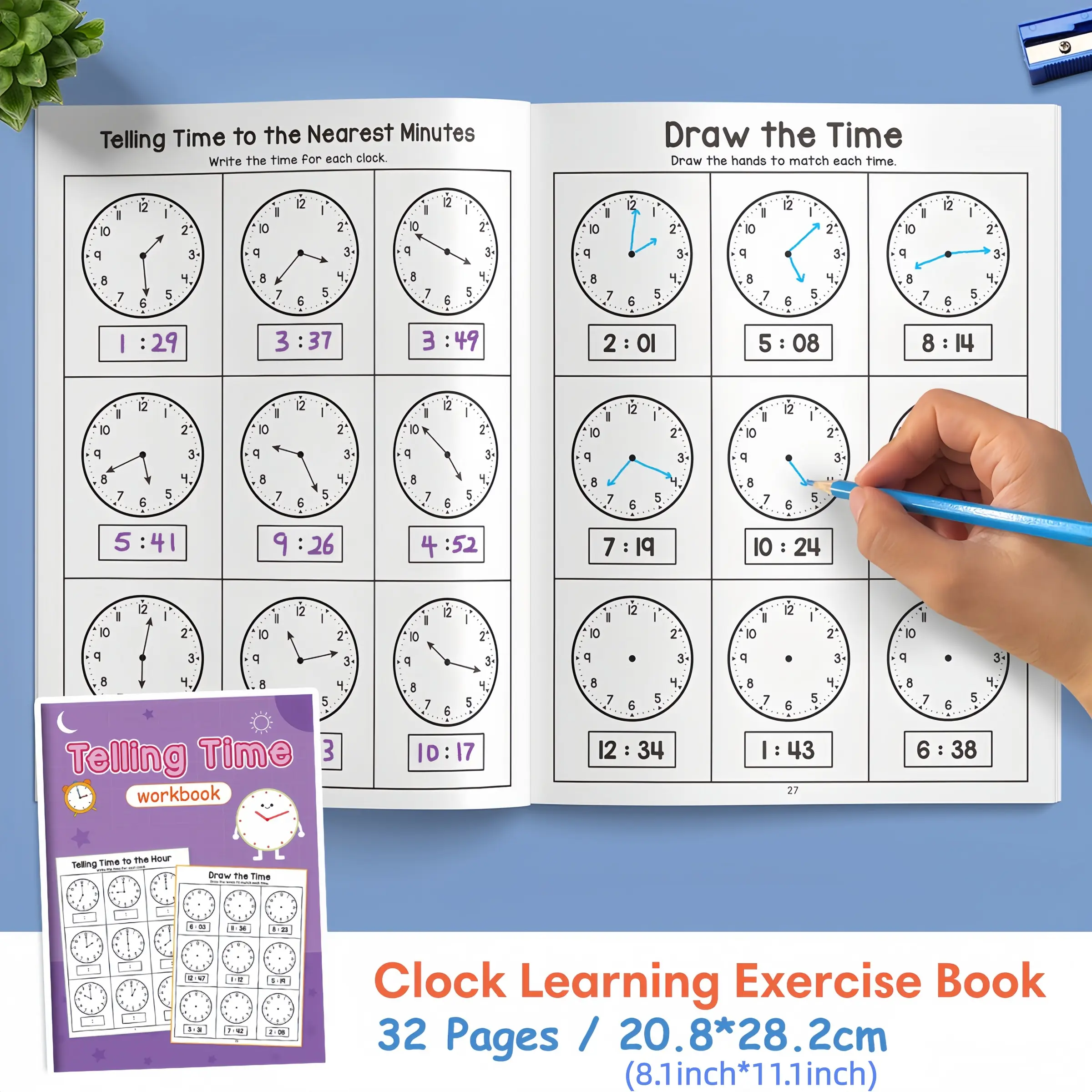 32 Page Telling Time Practice Book, Clock Cognitive Time Learning Tool, A4 Size, Educational Toy for Kids, Time Management Skills