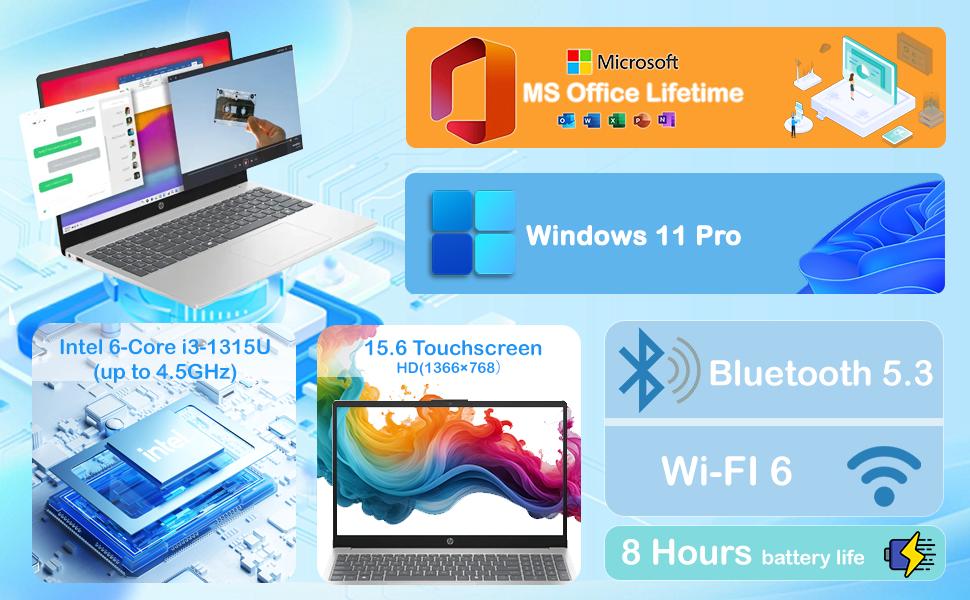 HP 2025 15.6" Touchscreen Laptop - Win 11 Pro , Intel i3 1315U(Up to 4.5GHz), Wi-Fi 6, Copilot AI, HD Touch Display, Long Battery Life, 8GB RAM, 256GB SSD