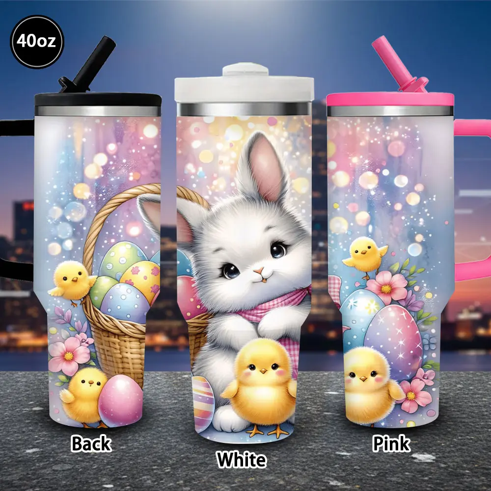 1 pc 40 oz Whimsical Bunny Vacuum Flask Tumbler with Easter Eggs, Chicks, Lid & Straw - Winter Insulated Travel Mug, Gift for Women - Ideal for Easter, Birthdays, Iced/Hot Coffee, Flasks