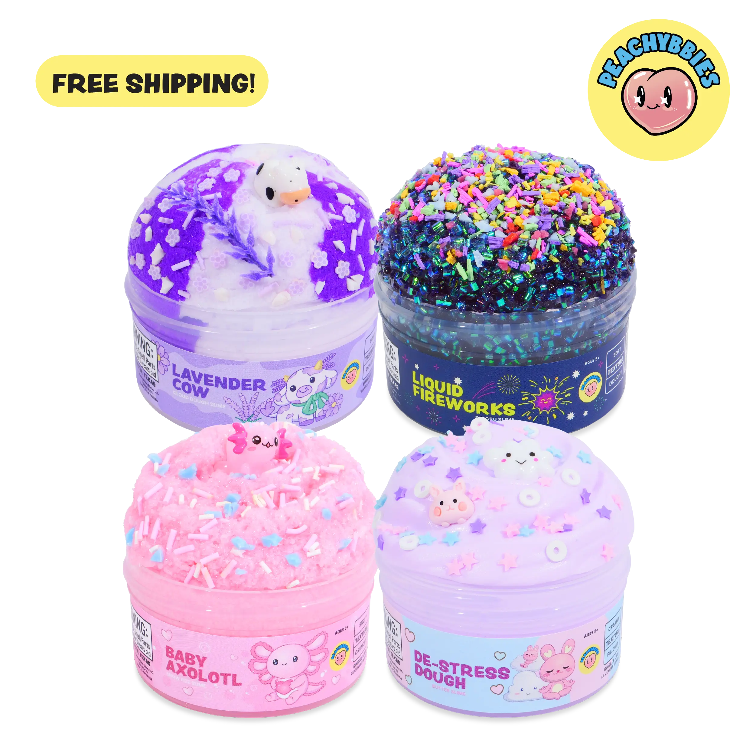 PEACHYBBIES: 4-Pack Bestsellers Slime Bundle - Premium Scented Slimes, ASMR, Stress Relief, Fidget Toys, Cloud Dough, Bingsu, Butter, Cotton Slime - 4oz