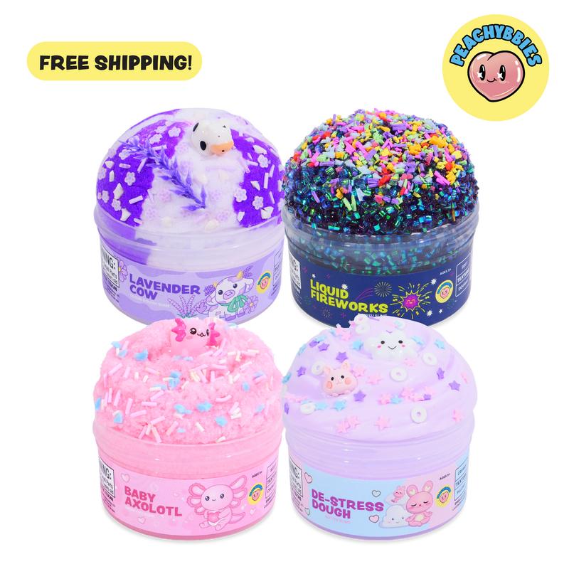 PEACHYBBIES: 4-Pack Bestsellers Slime Bundle - Premium Scented Slimes, ASMR, Stress Relief, Fidget Toys, Cloud Dough, Bingsu, Butter, Cotton Slime - 4oz