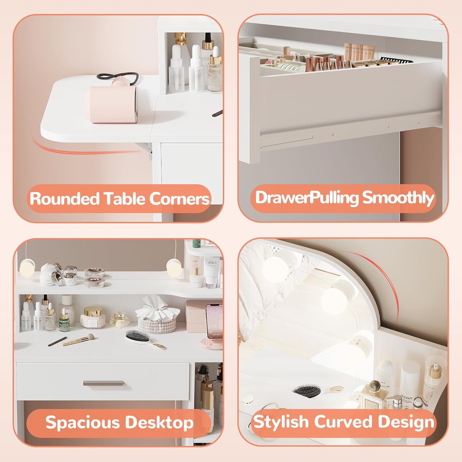 34.25" White Lighted Makeup Vanity | Power Outlet + 3 Lighting Modes  | Lighted Vanity Desk with Mirror | Foldable Shelf + 6 Storage + Large Drawer