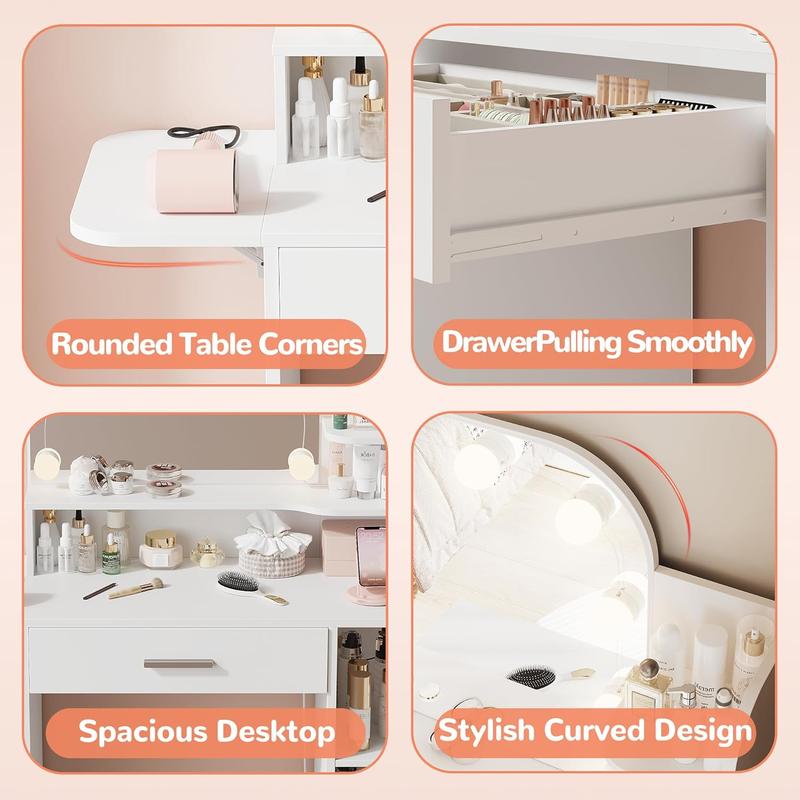 34.25" White Lighted Makeup Vanity | Power Outlet + 3 Lighting Modes  | Lighted Vanity Desk with Mirror | Foldable Shelf + 6 Storage + Large Drawer
