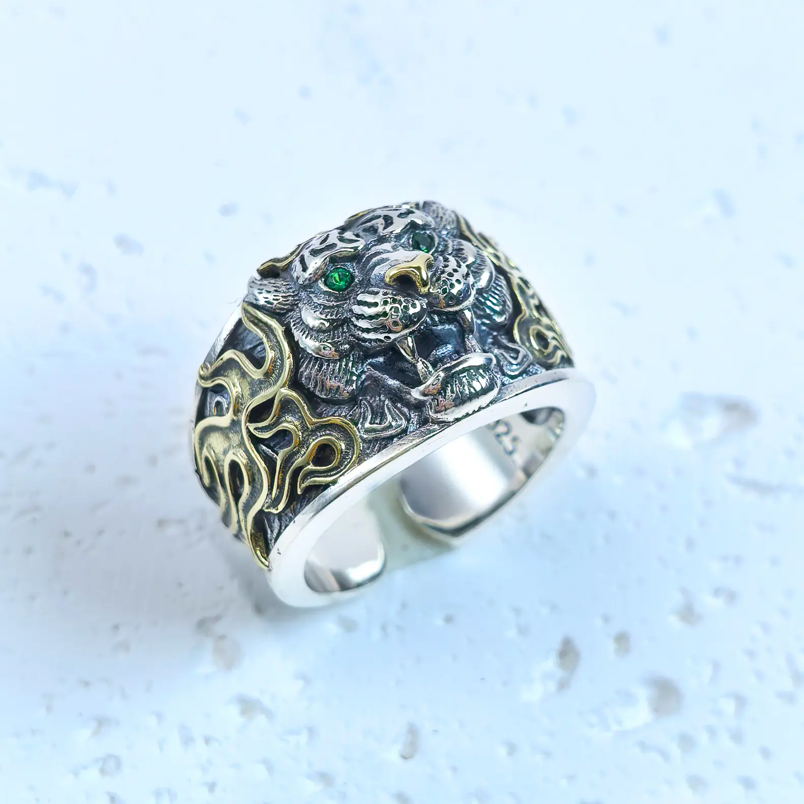 S925 Men’s Tiger Head Ring Green Gem Sterling Silver Statement Ring