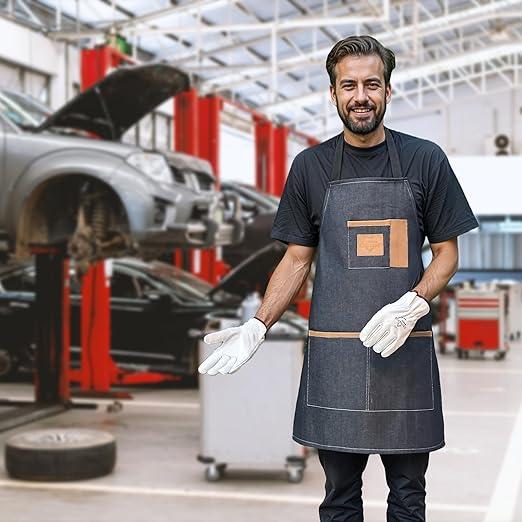 Giorgino 12 Pairs Leather Work Gloves Men with FREE Denim Apron Heavy Duty Cowhide Driver Gloves Unlined Construction Gloves