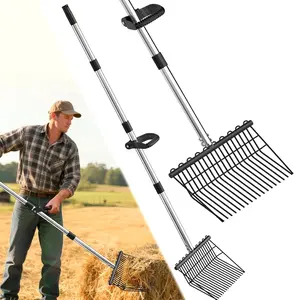 Pitch Forks for Garden with 18 Tines, 53" Non-Slip Adjustable Steel Handle, Durable Broadfork for Turning Hay, Gardening Pitchfork with Universal Extension Handle Attachment for Licorice snow plow shovel rake Stainless Pusher