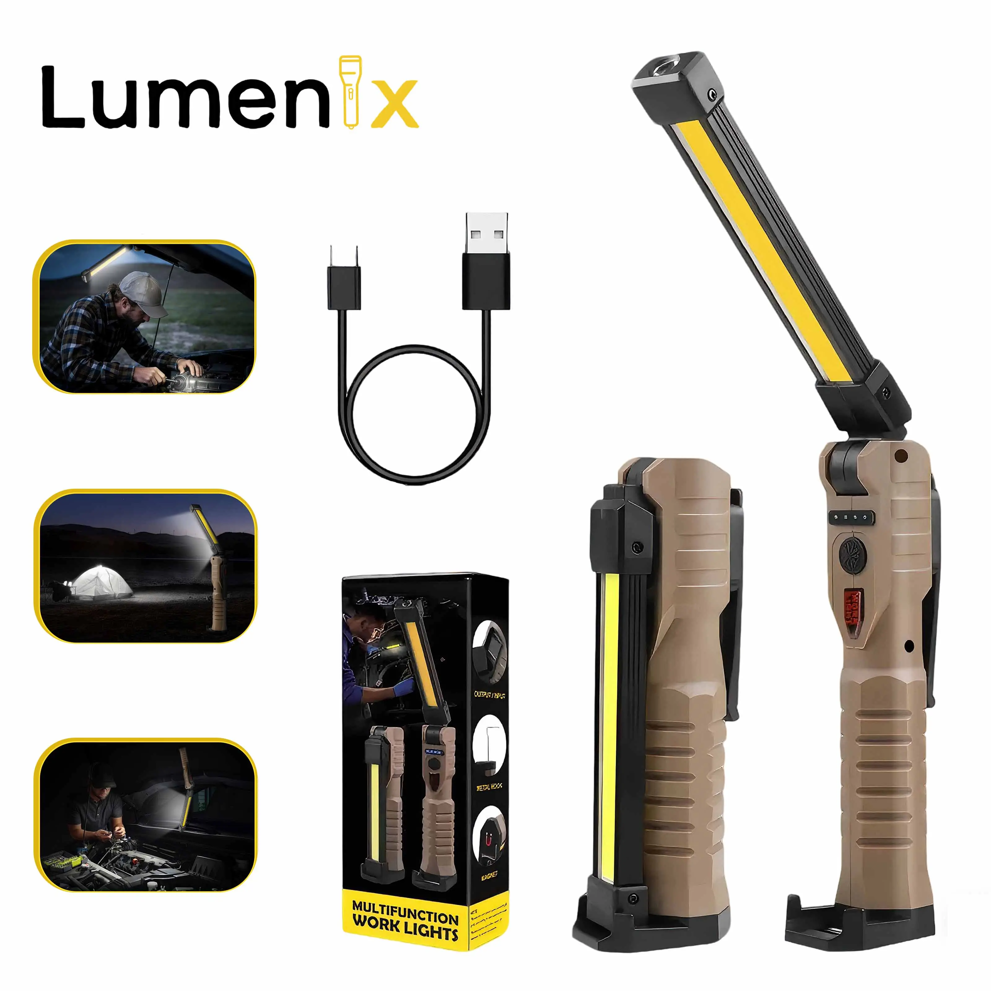 Rechargeable Flashlights, LED Work Lights with Magnetic Base & Hanging Hook, 180°Rotate, 5 Modes, Work Light Mechanic Flashlight, khaki BackToSchool outdoorfun