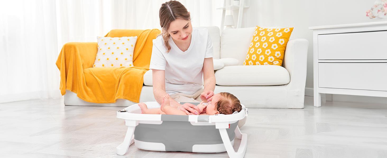 Collapsible Baby Bathtub | Real-Time Temp Monitor, Floating Cushion, Foldable, Drainage, Elephant Design – For Newborns & Toddlers