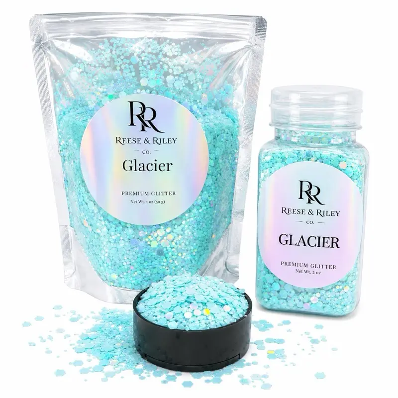 Reese & Riley Co. Glacier Premium Blue Holographic Chunky Mix Glitter - Hand-Packed, High-Shine Luxe Finish for Makers' Nail Design, Playful Eclectic Crafts Supplies