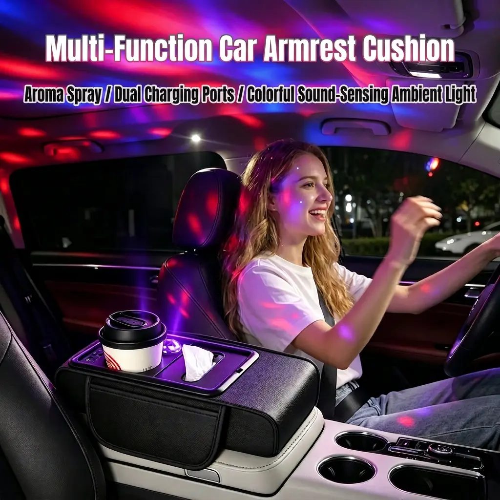8-in-1 Universal Fit Car Armrest Cushion - Memory Foam 8-in-1 Console, RGB Interior Charging & Light, Dual USB Ports, Cup Holder, Side Pockets, Waterproof Storage Bag, Easy-Install Accessories for Long Drives
