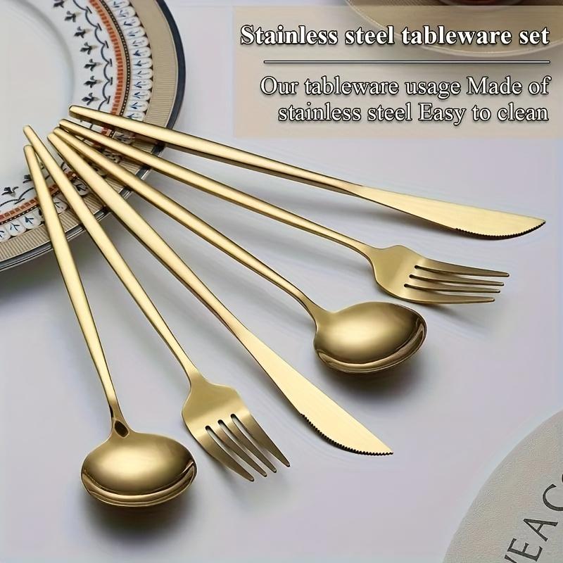 Mirror Polished 30pcs Stainless Steel Cutlery Set, Including Steak Knife, Fork, Spoon And Teaspoon, Dinner Fork, Dinner Spoon, Fruit Fork, Dessert Spoon, Coffee Spoon, Suitable For Family Restaurants, Hotels, Parties, Weddings, Copper Cutlery Set