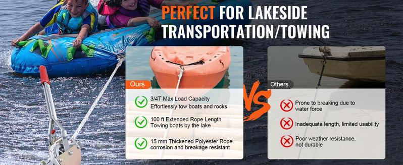 VEVOR Rope Puller, 3/4 Ton (1,653 lbs) Pulling Capacity, with 100' of 0.6" dia. Rope, 2 Hook, Come Along Winch, Heavy Duty Ratchet Power Puller Tool for Moving Boats, Securing Items, Transporting Logs