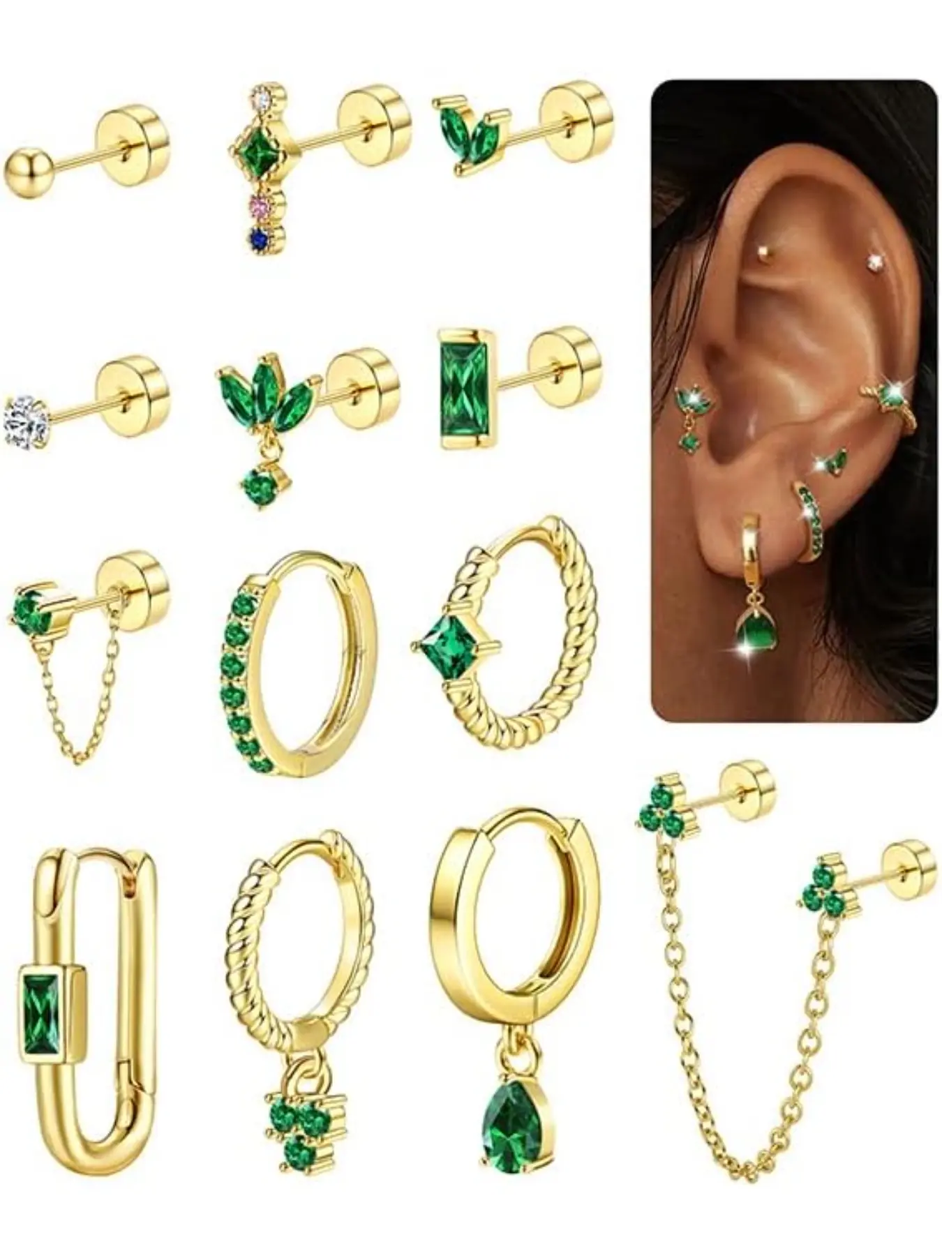 13Pcs Gold Earrings Set Earrings Jewelry for Multiple Piercings Women Flat Back 14K Gold Plated Silver Cartilage Helix Small Stud Hoop Stainless Steel Huggie Green CZ Earrings Loop Earrings Hoop Shape Earrings