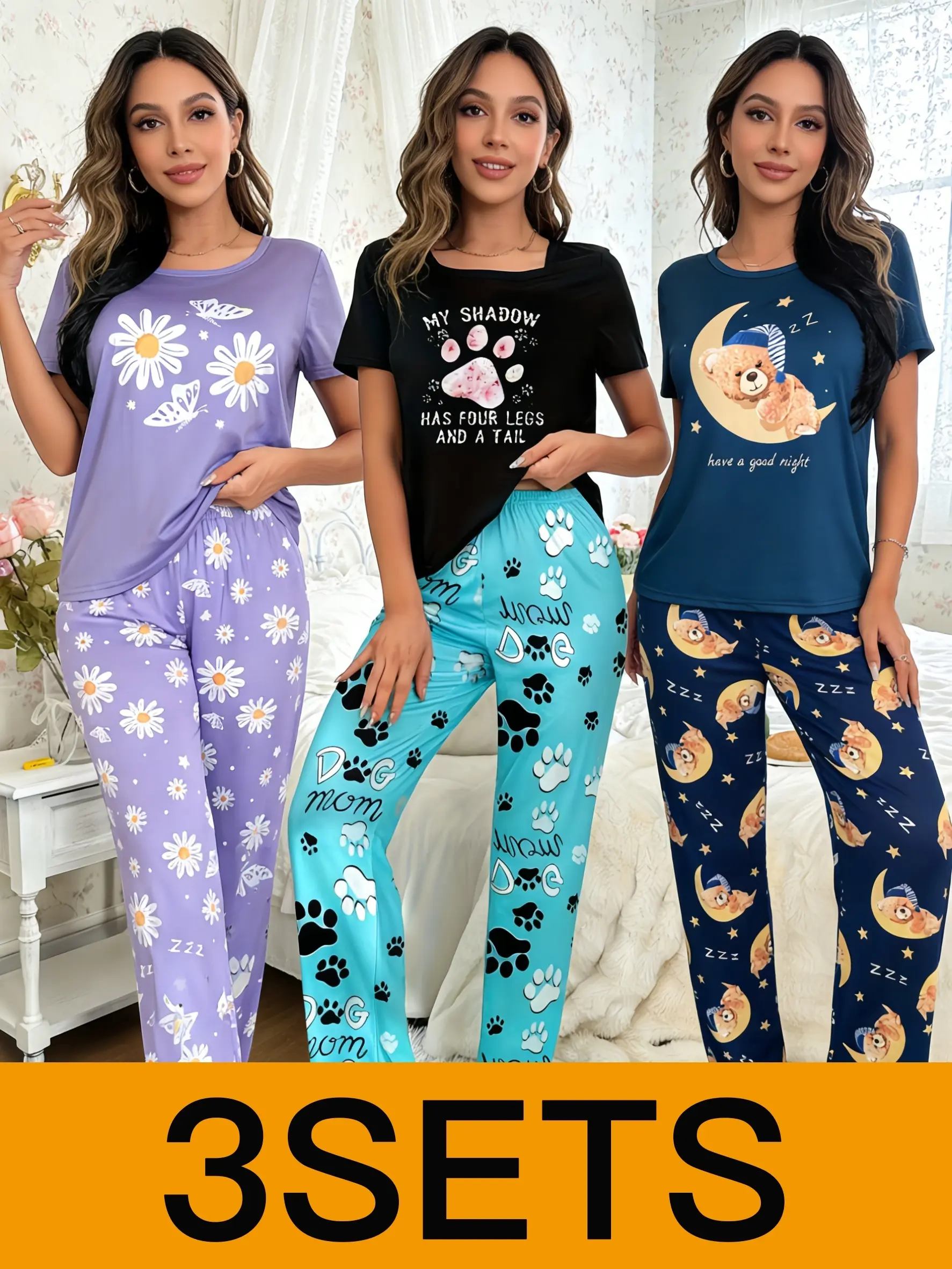 Women's 3-Piece Printed Pajama Sets - Short Sleeve Tops, Long Pants, Soft Casual Sleepwear Loungewear with Daisy, Dog Paw, Teddy Bear Prints for Year-Round Use