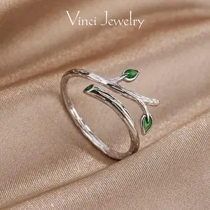 925 Stylish Green Leaf Sterling Silver Open Ring with Unique Bole Design, Elegant and Minimalism Style Adjustable Ring and Hypoallergenic Jewelry for Women, Perfect for Casual and Daily Wear, Birthday Chrisstmas Valentine's Day Gift for Girls