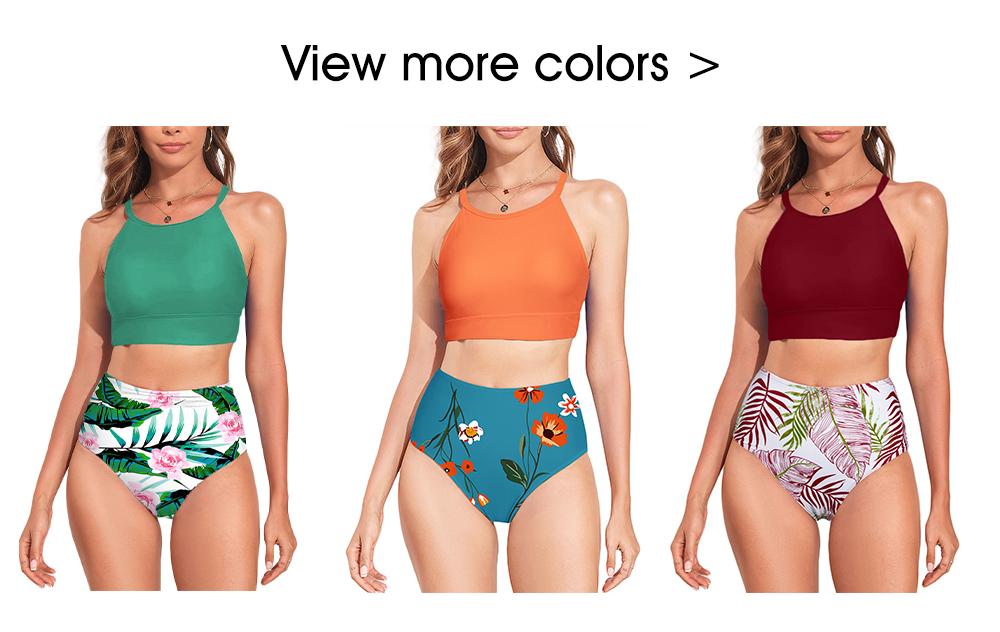 Aleumdr Women's Bikini Sets High Neck Tropical Leaf Print High Waisted Two Pieces Swimsuits Bathing Suits Sport Swimming Clothing Beach Floral Swimwear Top SpringStatements