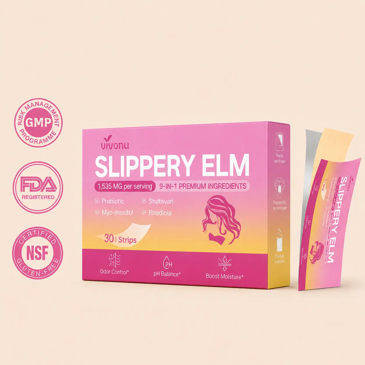 VivoNu Slippery Elm Botanical Extracts + Women’s Probiotics with Myo-Inositol Dietary Supplement – Intimate Wellness Support for pH Balance, Odour Control, Moisture