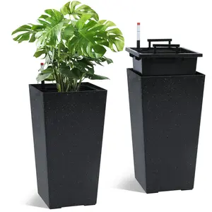 Tall Planters Set of 2, Outdoor＆Indoor Black Planter Pots, High Front Porch Planter Pots With Drainage Holes＆Water Level Monitor＆Inner Bucket, Automatic Watering