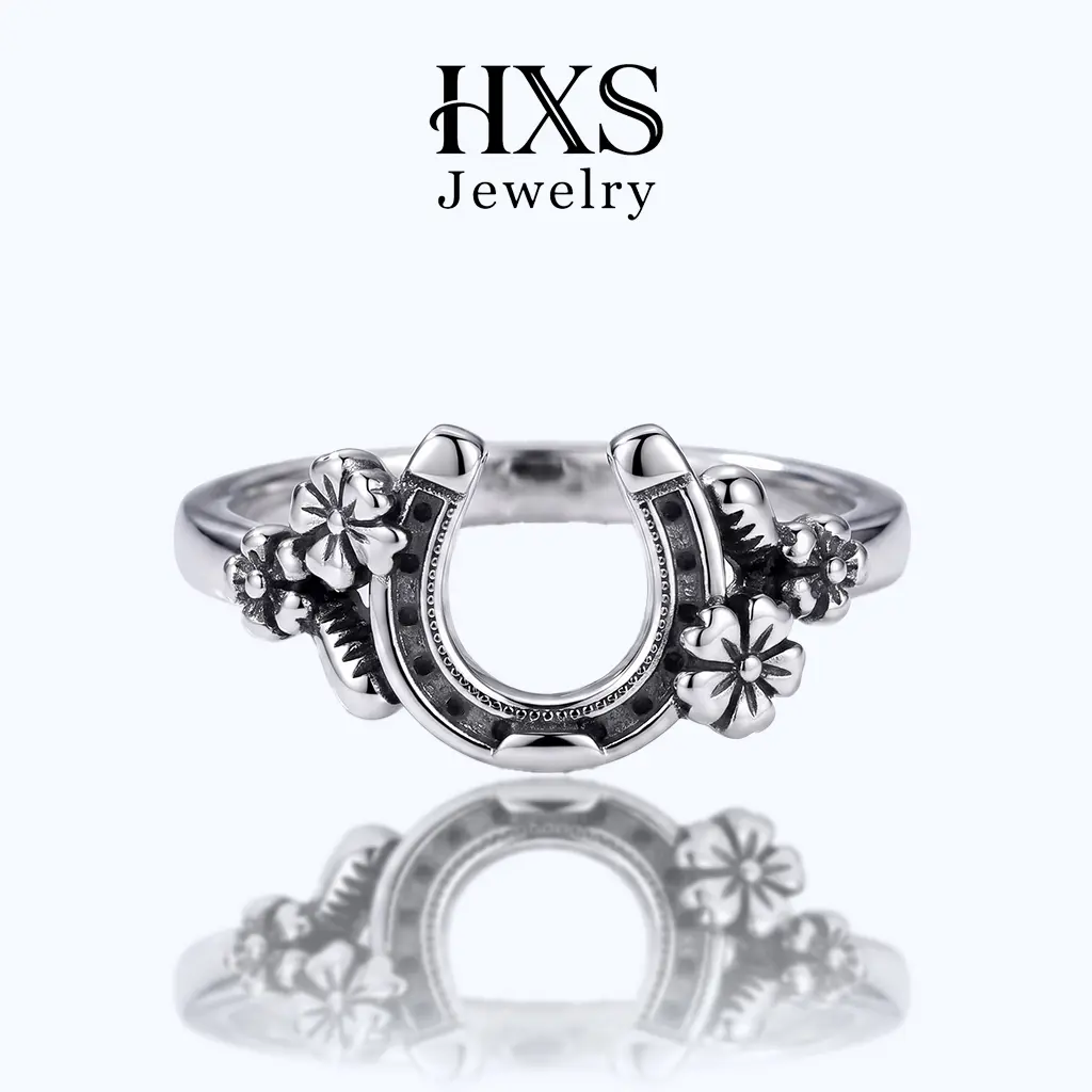 Women's S925 Sterling Silver Lucky Horseshoe Ring - Intricate 3D Carved Floral Details, Oxidized Antique Finish, Western Country-Style Artificial Gemstone Statement Jewelry for Daily Wear, Good-Luck Gift