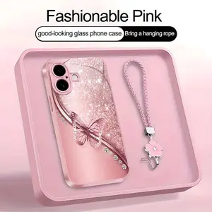 Suitable for [iPhone 16 Plus] high-end women's phone case🤩，a free four-leaf clover ，the pattern is printed, not glitter simple printed butterfly design is included,drop-resistant and fingerprint-proof YM99