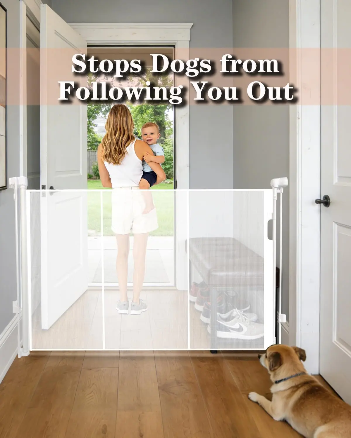 80" Wide Retractable Baby Gate for Stairs, 42" Extra Tall Retractable Dog Pet Gate with Support Rods, Mesh Screen Child Safety Gate for Doorways Hallways Deck Porch, Outdoor Indoor Use