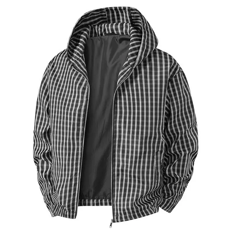 Men’s plaid hooded jacket, checkered zip-up casual outerwear with pockets, long sleeves, lightweight street-style windbreaker