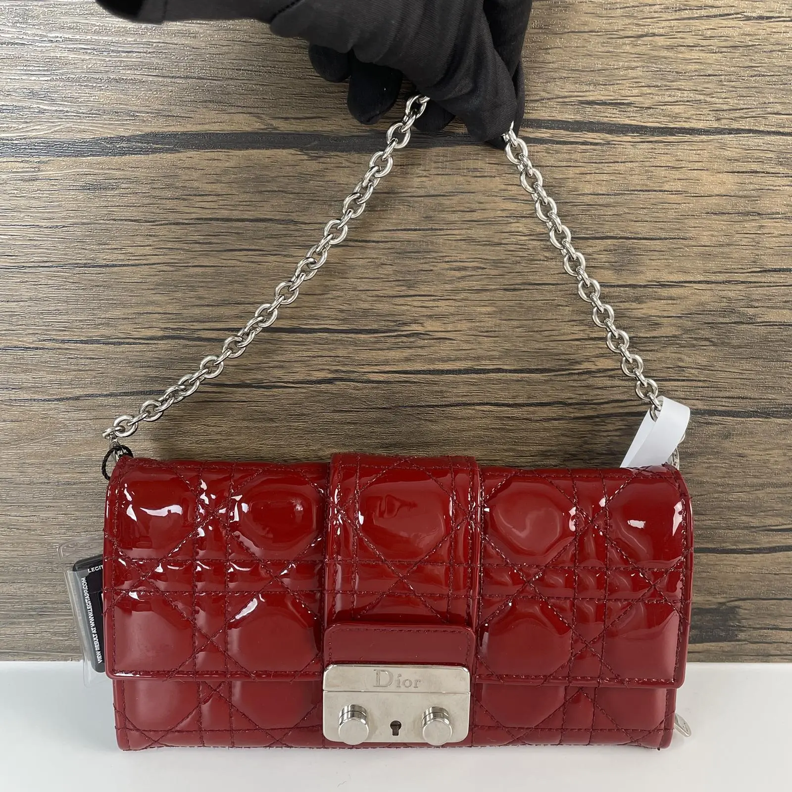 Pre-owned Dior leather Shoulder bags Vintage Red Patent Cannage Quilted Chain Wallet On Chain+charm rrr