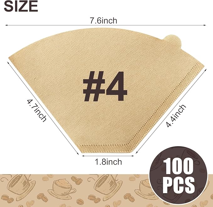 100pcs #4 Unbleached Coffee Filters – Natural Cone Paper, 8–12 Cup, Disposable Filters Compatible with Ninja, Pour Over & Drip Coffee Makers