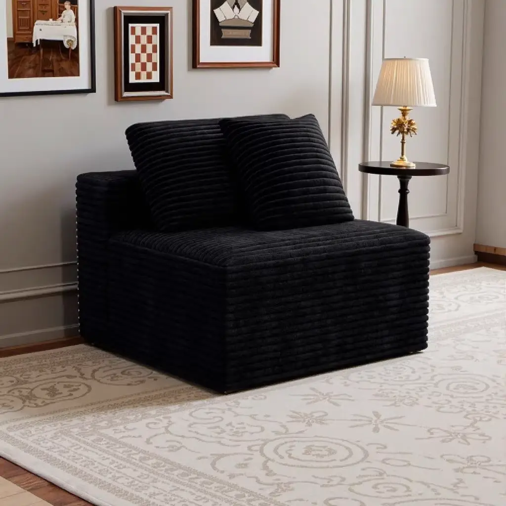 Modular Sectional Sofa 1-Seat Chaise Lounge Couch No Assembly Required Plush Corduroy Fabric Foam Filled Black Compact Sofa for Living Room Apartment Bedroom Single Box Easy Setup, Black Color Options, Foam Material, 1 Seat Seat Count